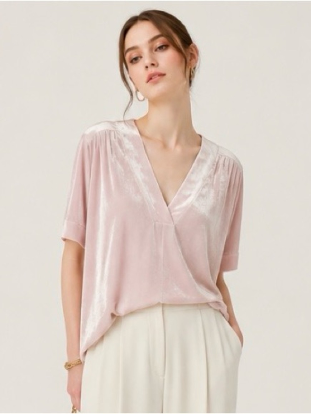 WORTH New York Top Blouse Velvet Pink V Neck Short Sleeve Soft Large
